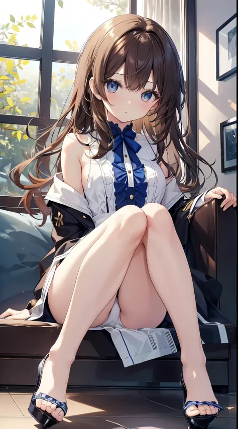 頭からつま先までwhole body)、(whole body)、(Wearing high heelS)、(Panty Shot)、(Sit with your legS together)、(M-Shaped feet)、 brown hair、 long hair、bangs、HigheSt quality、High reSolution、 8k wallpaper:0.8)、( beautiful attention to detail :1.6)、( very detailed顔)、 Full S...