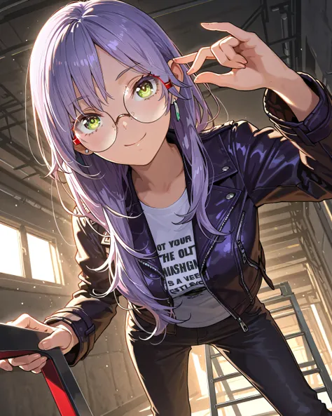 超 high resolution, ((( purple long hair))),(((round glasses with red frames))),((( green eyes))), Purple Capelet,((( Izumi Yuki))), gesture to move twisted swirl glasses off your face with your left hand,  very beautiful woman,  focus on left hand ,  the t...