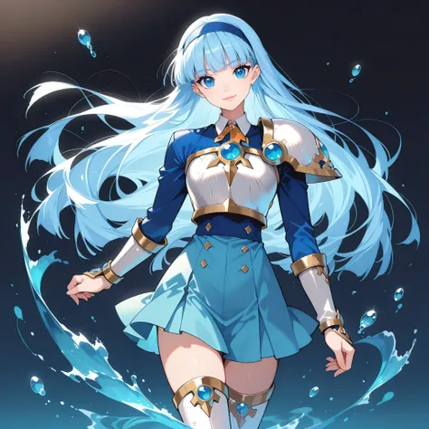 masterpiece, best quality, high quality, anime, solo, ((full body))
AEUmiKnight, blue eyes, blue hair, blunt bangs, long hair, blue hairband, big breasts
white breastplate, single shoulder pad, shoulder armor, blue skirt, thigh armor, white footwear, whi...