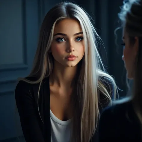 (masterpiece), distant view, (1 girl:1.5), expressive eyes, perfect face, (harsh backlight:1.2), white hair, (long hair:1.5), grey light eyes, make-up, long legs, short skirt, high heels, looking at viewer, (Rim light:1.5), dark background, light blue tone...