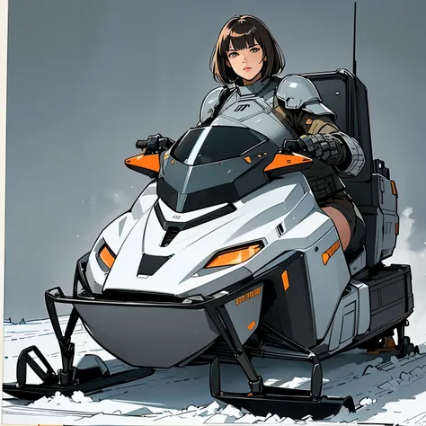 nsfw, (sketch, traditional media:1.2), very long shot, perfect anatomy proportion body,  action,  dynamic composition with a sense of speed and dynamism, (Ride a heavy armored military snowmobile:1.6),  a woman with sex appeal, , perfect beautiful delicate...