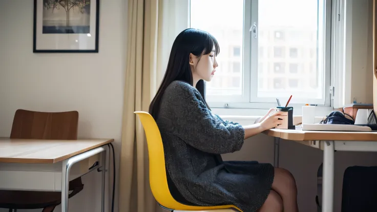 Depressed woman in her 20s sitting on a chair and facing her desk。