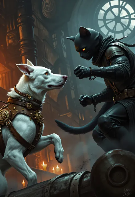 a masterwork picture of a white dog wearing steampunk clothes fighting a black cat ninja, , realistic art, (ultra details, Masterpiece, best quality), hyp3rd3tail style