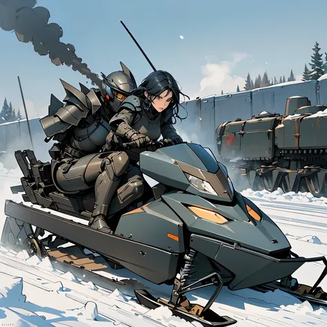 nsfw, (sketch, traditional media:1.2), very long shot, perfect anatomy proportion body,  action,  dynamic composition with a sense of speed and dynamism, (Ride a heavy armored steam engine military snowmobile:1.6),  a woman with sex appeal, 40 years old, p...