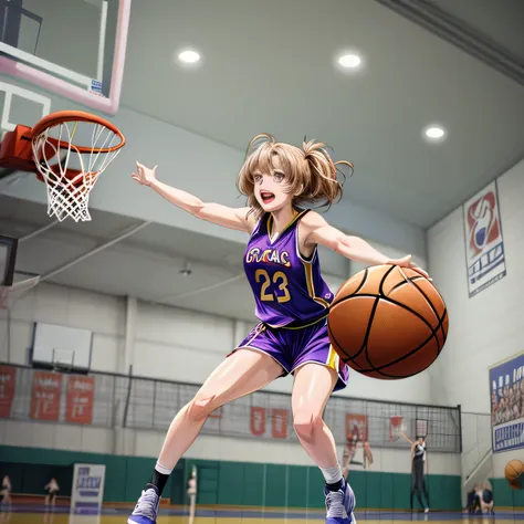 A anime Woman,Just One woman,perfect face, basketball shirt, basketball short,Full body,armpit hairy,hairy armpit,