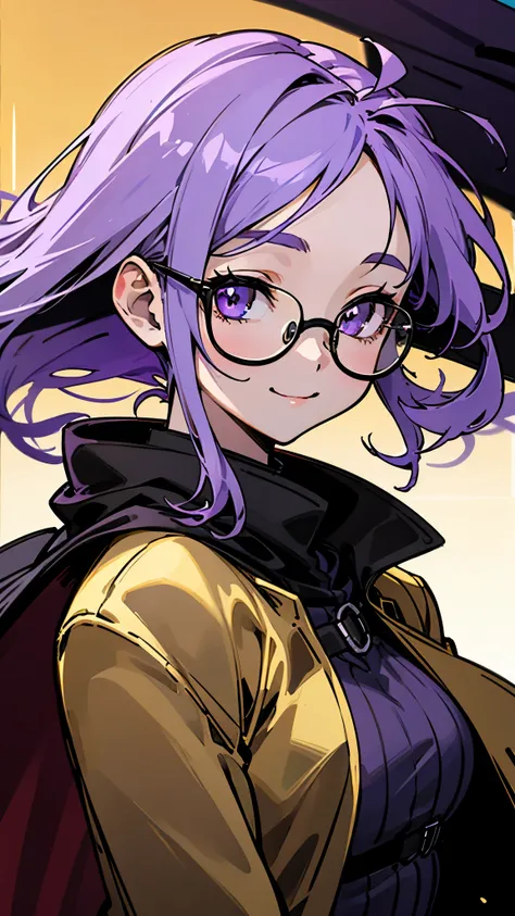 20-year-old woman、 lavender-colored hair 、 purple eyes 、 big smile、 black rimmed glasses、 black riders jacket、Blowing in the Wind、Under the Golden Hour Sky 、 upper body close-up 、 sharp outline