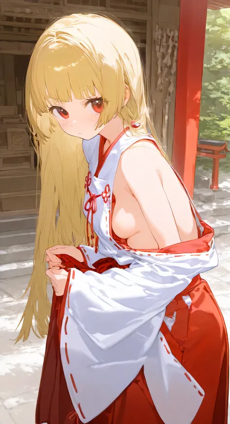 blonde hair, long hair, miko, shrine maiden clothes, sideboob, rond eyebrows, red eyes, hime_cut, 1girl, solo, Downturned eyes, tareme, small breasts 