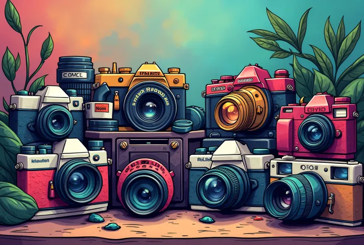 a close up of a bunch of different colored cameras, color film camera, cameras lenses, film camera style, 8 0 s camera, broken camera colors, colorful pentax camera, dslr color, vintage camera, camera glare in oil style, hand painted cartoon art style, sha...