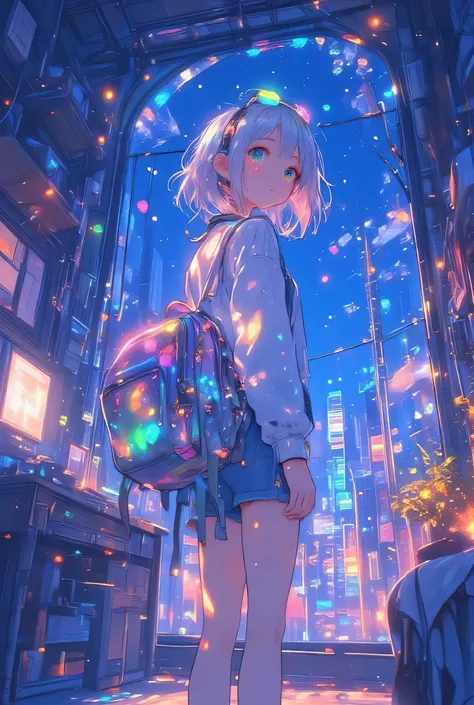  anime artwork ,  front view,  A girl with silver hair and colorful sunglasses on her head looks at viewers and turns her back,  she has a backpack on her back , It happens in the middle of the night in her modern bedroom ,  a portal to another world is op...