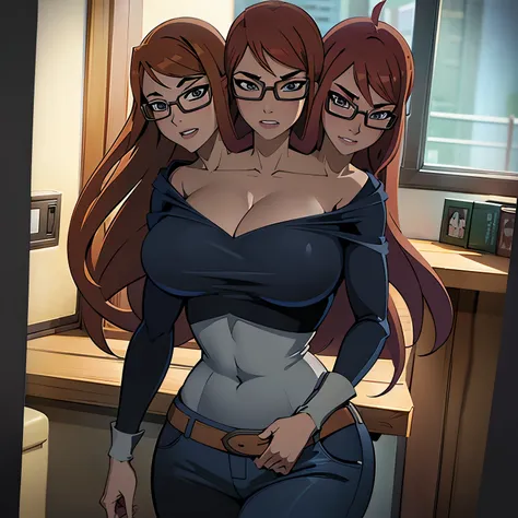 CARTOON_barbara_ownwaifu,cell Shading,anime coloring,nude, conjoined, two heads,masterpiece,best quality,.ownwaifu.com,long hair,glasses,red hair,blue eyes,black-framed eyewear,breasts,under-rim eyewear,semi-rimless eyewear, curvy, toned, large breasts, na...