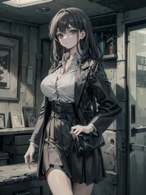 earring, narrow waist, black hair, large breasts, cowboy shot, indoor, business suit, collared blouse, skirt, blazer,