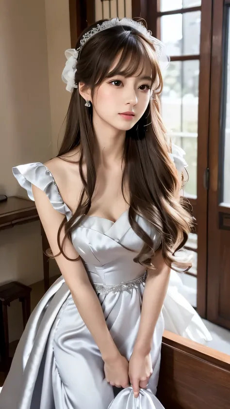 (((top quality))), (((masterpiece))), (((details))), tall, looking at camera, face-to-face, girly empire length wedding dress with silver gray shiny silk satin ruffle, hands thrust forward, Japanese, brown hair, long hair, gorgeous room,. Gorgeous ribbon h...