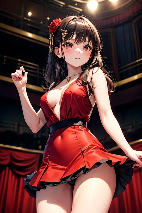 A graceful young lady with long, straight black hair and a calm, traditional aura,(((red Party Dress))),(((Theater))),(((mini skirt))),(panty shot),(((photo taken from below))),(((hair ornaments))),(brown eyes),(tits),