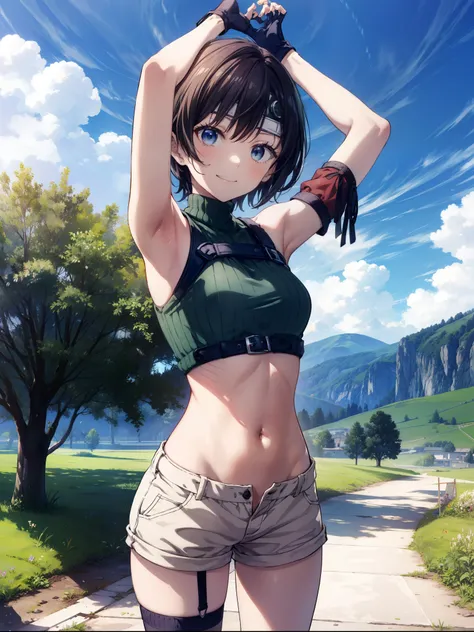 masterpiece, best quality, integrated scenery, integrated background, extremely delicate and beautiful, meticulous details, good composition, , cute face, perfect face, perfect hands, best quality, 1teen_girl, armor, bangs,  yuffiekisaragi, Yuffie Kisaragi...