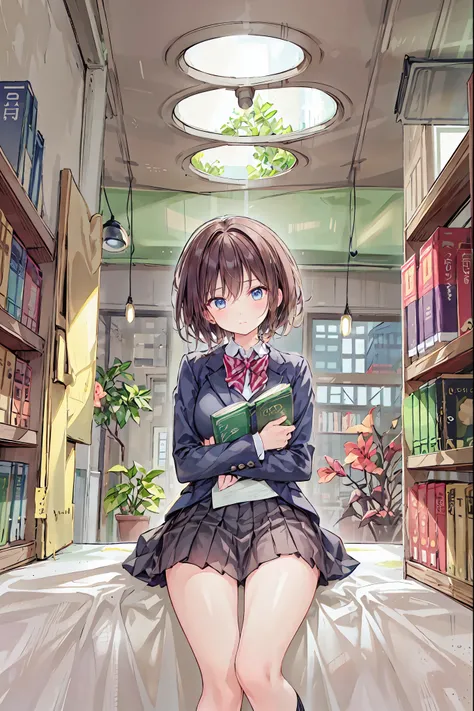 With a girl、 dark-haired、 short hair、  BEAUTIFUL HAIRSTYLES、High school students、school uniforms、  dark blue blazer 、 cute little、At the library、 I'm looking for a book 、after school、 golden ratio、 high detail