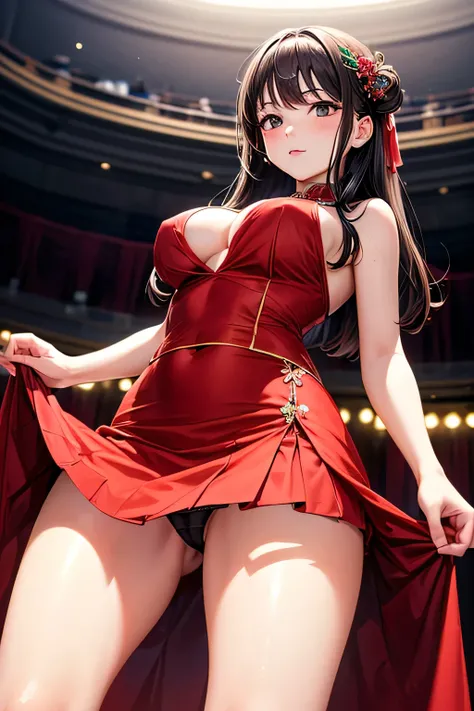 A graceful young lady with long, straight black hair and a calm, traditional aura,(((red Party Dress))),(((Theater))),(((mini skirt))),(panty shot),(((photo taken from below))),(((hair ornaments))),(brown eyes),(tits),