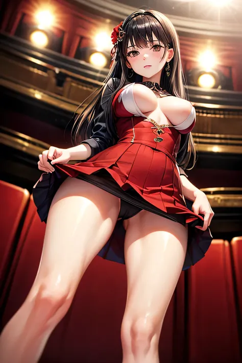 A graceful young lady with long, straight black hair and a calm, traditional aura,(((red Party Dress))),(((Theater))),(((mini skirt))),(panty shot),(((photo taken from below))),(((hair ornaments))),(brown eyes),(tits),