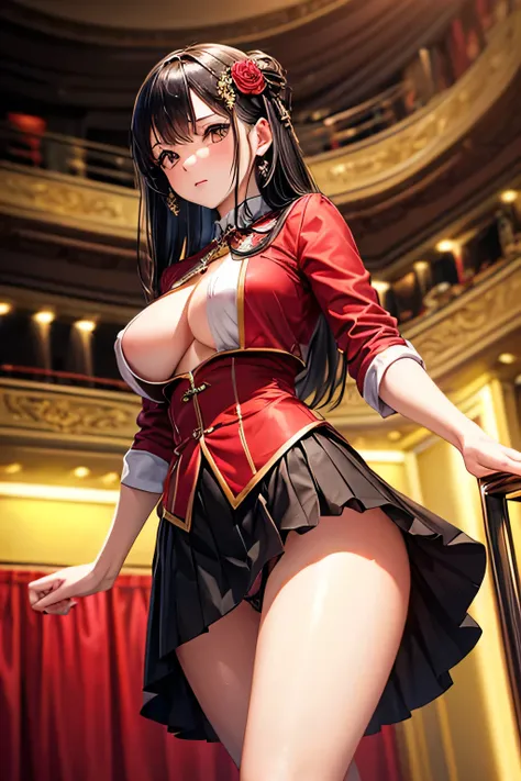 A graceful young lady with long, straight black hair and a calm, traditional aura,(((red Party Dress))),(((Theater))),(((mini skirt))),(panty shot),(((photo taken from below))),(((hair ornaments))),(brown eyes),(tits),