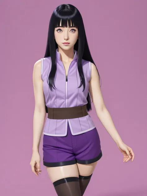 Hinata Hyuga,  a girl,  high resolution,   long hair, fringe,  black hair ,  light purple eyes ,  Digital Art ,  anime style. Light purple Japanese clothes,  heart,  sleeveless , shorts roxos, thighs.  Forest background.