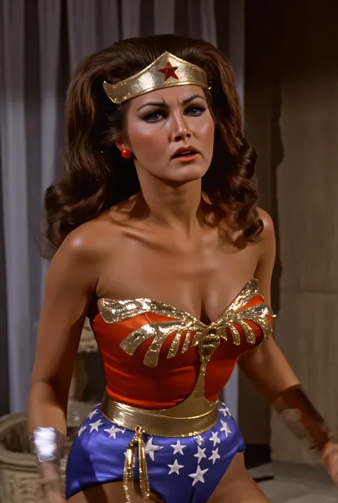 Wonder woman, lynda carter on all fours, cleavage, big breasts, screaming, chain collar around her neck