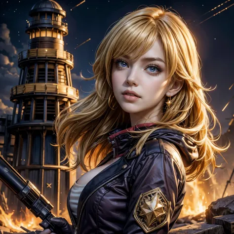 yangxiaolong, yang xiao long, smiling, long hair, blonde hair, large breasts, (purple eyes:1.3), ahoge, bangs, BREAK wearing a white ski jacket with gold trim, white ski pants, mechanical arms, single mechanical arm, prosthesis, prosthetic arm, BREAK walki...