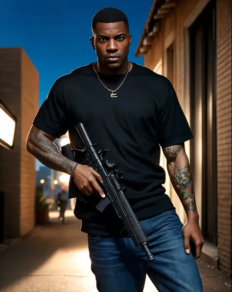 Black man with tattoo with a gun on a sunny day, in the style of a Grand Theft Auto, loading screens, GTA style art, highly detailed, celshaing, digital painting style, dramatic composition, 21st century comic book cover, studio lighting.