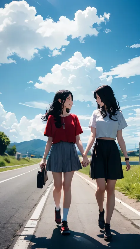  girl２people、Friends holding hands 、black hair long curly hair、smile、 pure white plain short sleeve blouse、 bright red miniskirt 、 walk around eating hamburgers 、 National Highway to the End of the Horizon 、Clear sky and Nyudo clouds 