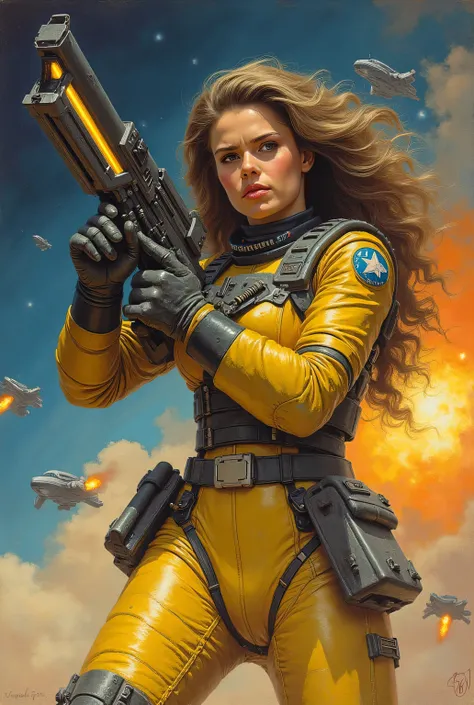 A space soldier holding a heavy laser gun, yellow and black suit, SEM CAPACETE, rosto com expressão séria, badass, action scene, atrás dele uma linda mulher space soldier, yellow and black suit, sem capacete, com expressão séria, space ships war in the sky...