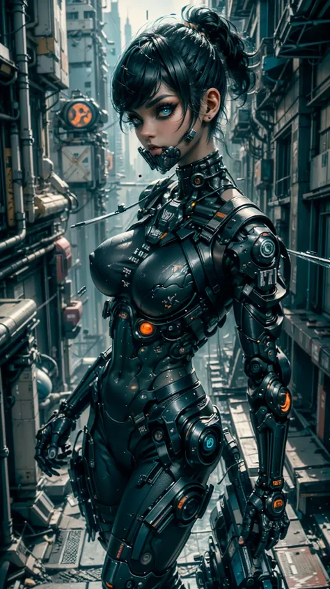  from above,  Pointed angle , top perspective, VERY CLOSE,  cyborg parkour runner girl ,  seductive expression ,  with black hair / orange,  extra short hair with highlights , pixie cut hairstyle ,  huge cybernetic eyes ,  parkour between skyscrapers ,  br...