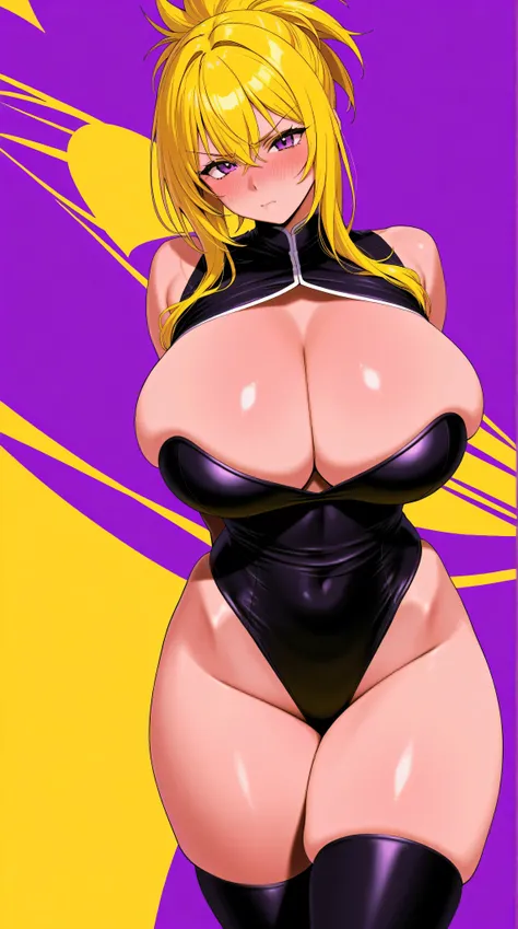 Kahimi tetsuda, busty asian model, huge breasts, cleavage, heavy blushing, annoyed, yellow hair, purple eyes, no background, purple background, yellow background, colorful background, thigh highs, thick thighs, long legs, sexy pose, 