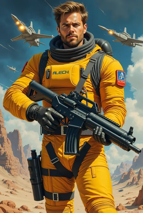 A space soldier holding a heavy laser gun,  Ray-Ban dark aviator , yellow and black suit, without helmet, Caucasian ,  glasses with medium black hair and dark beard,  face with serious expression , badass, action scene, space ships war in the sky, fire in ...