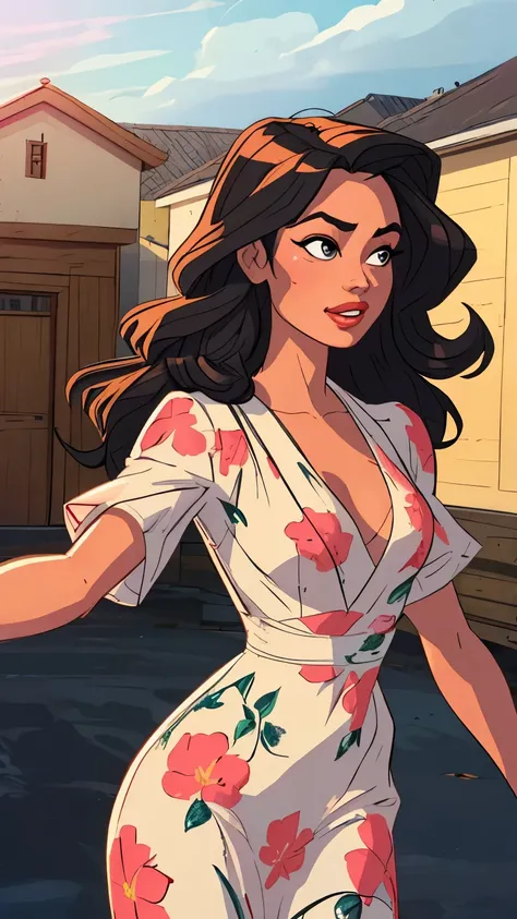 A woman in a vintage-inspired floral dress, her hair styled in loose waves, with a confident and radiant expression,cowboy shot,  masterpiece, best quality, intricate detail,      