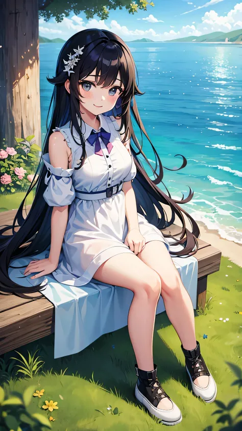  Masterpiece,  top quality, { top quality}, {{ Masterpiece}}, { high resolution}, concentrated,  anime style,  woman from the top of a hill with a view of the ocean,  girl design,  portrait , Gisha,  Anime Illustration ,  long hair,  black hair,  straight ...