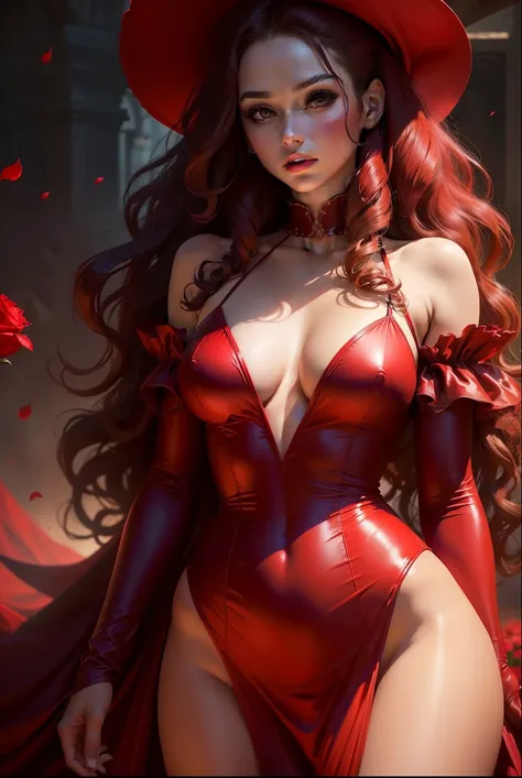 
(8k,        photorealistic RAW photograph Maximum quality       ; 1,4) (A lady in red )       lady in red from the Underworld    super bonita    (    realistic face    ) (    Curly hair with. Side hat     ,   Hair in the wind   )      slender body of of o...