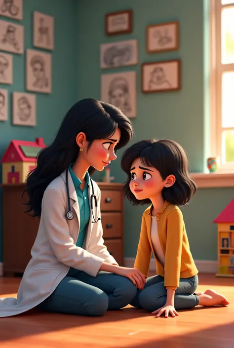 Disney Pixar. A psychologist wearing a doctor's coat in an office. The  (more or less s) She's crying and the psychologist is listening to her. In the office there are several drawings posted on the wall.. A closet with several games and a dollhouse. The p...