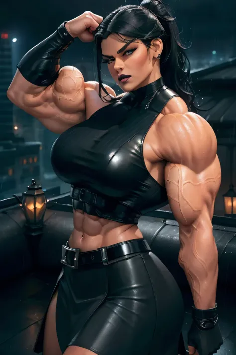 ((Close-up)), tall, (jet black hair) beautiful muscular woman, wet wavy ponytail, black skinned, smirking, (black lipstick), (massive muscles), (hyper muscle), (((ginormous bulky muscles))), white eyes, (((black leather crop top))), ((((leather formal skir...