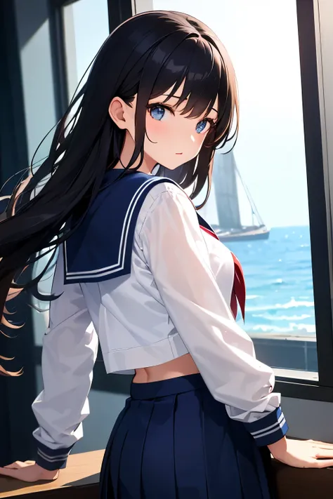 sailor suit、 navy blue skirt、 Longer Skirt 、 Masterpiece、 very detailed、 highest quality、 beautiful lighting arranged in an orderly manner、 one girl、in school、 black hair、 Red、 long hair、 natural light、Back shot 