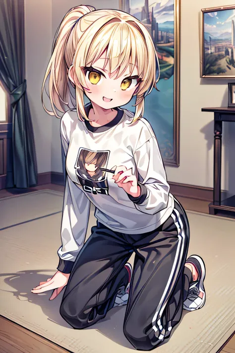 (extremely detailed, 8K resolution, with sharp focus, masterpiece, best quality, Moe Art style, safe for work:1.5), 1 cute lady, slender full body, kneeling in the room, (long sleeve T-shirts, jogger pants, gray sneekers), detailed yellow eyes, blonde shor...