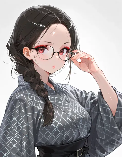 looking at viewer,Alone,( sexy model pose ),makeup:0.6,glasses,natural cosmetic, black single braid,forehead,Russian,black classic pattern robe,cheek,Beautiful adult female face,shiny skin,