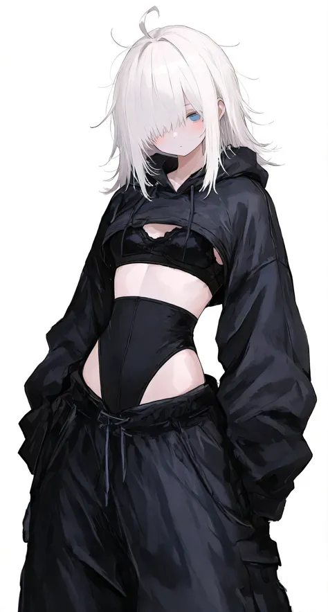 ((Super cropped:1.7)), black bra, leotard, baggy pants, white hair, hair over one eye, messy hair, ahoge, medium hair, small breasts