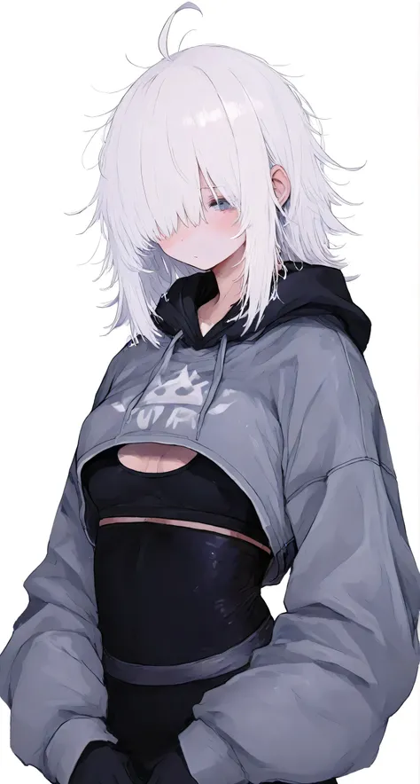 ((Super cropped hoodie:1.7)), black sports bra, ((bodysuit)), white hair, hair over one eye, messy hair, ahoge, medium hair, small breasts