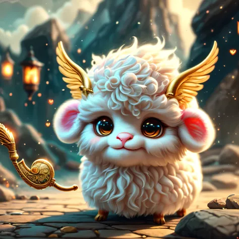 Realistic airbrush, An agathion with a cute, chibi-like appearance. This agathion should have sheep-like horns, a white fluffy head, and pink wings. In his hands, he holds a clenched harp with a heart on it, and golden sparkles shine around him, emphasizin...