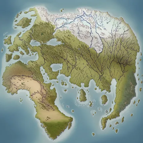 ((Best quality)), ((masterpiece)), ((realistic cartoon)): A Tolkien Style Map, artwork on Deviantart in the style of MaximePLASSE. An extraordinarily huge and highly detailed map with various forests, grassland, hills, frozen lands on top and bottom of the...