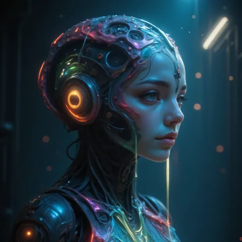 a strange and bright robot, multicolored magic dust spraying, intricate mechanical details, glossy metallic surfaces, glowing neon-like effects, surreal sci-fi atmosphere, vibrant chromatic palette, dramatic chiaroscuro lighting, cinematic camera angle, hi...