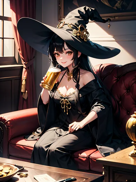 A cute witch sitting on a sofa buried with gold and silver treasures is drinking beer and looking at us while drunk、 long hair,  black hair,  1 girl, black robe with full body gold embroidery、Shoulders are also covered by robes、Biologically correct the num...