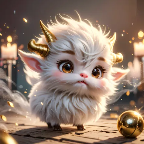 Realistic airbrush, An agathion with a cute, chibi-like appearance. This agathion should have sheep-like horns, a white fluffy head, and pink wings. In his hands, he holds a clenched harp with a heart on it, and golden sparkles shine around him, emphasizin...