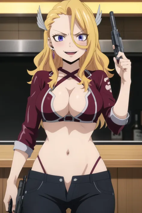 best quality, anime screencap, 1girl, solo, long hair, solo, breasts, purple eyes, blonde hair,  kiria_cornsnell, , ear piercing, long hair, blush, lipstick,Hot girl, baddie, smoking, sensual, attractive ,bar
background, inside bar,indoors, cityscape, casi...