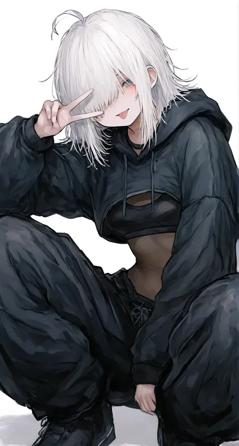 ((cropped hoodie:1.7)), black sports bra, ((bodysuit)), white hair, hair over one eye, messy hair, ahoge, medium hair, small breasts, baggy pants, v over eye, tongue, squatting, ヤンキー座り