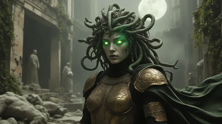 A hyper-realistic cinematic portrait of Medusa, the legendary gorgon, standing in an ancient, overgrown Greek ruin. Her hair is a mass of writhing serpents, their emerald and obsidian scales shimmering under the moonlight. Each snake’s eyes glow with an ee...