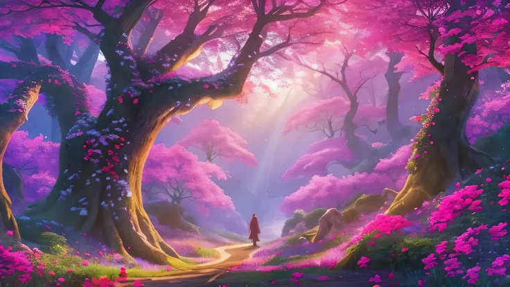   high-definition image  ， Colorful trees々 and red rose 、 Mysterious Forest， branches hide magical creatures ,  8,000, High quality giant forest  、 Sunlight Through the Woods 、   forest where fairies are thought to live   、  The sun gently penetrates the s...